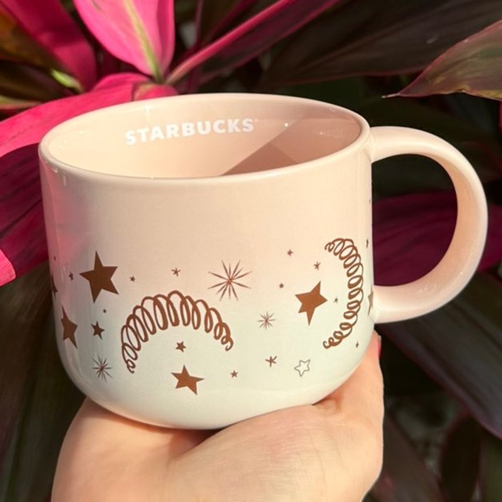 New Starbucks Pink White Rose Gold Moon & Stars Gradient Ceramic Mug